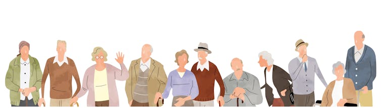 A large group of older people gathers.