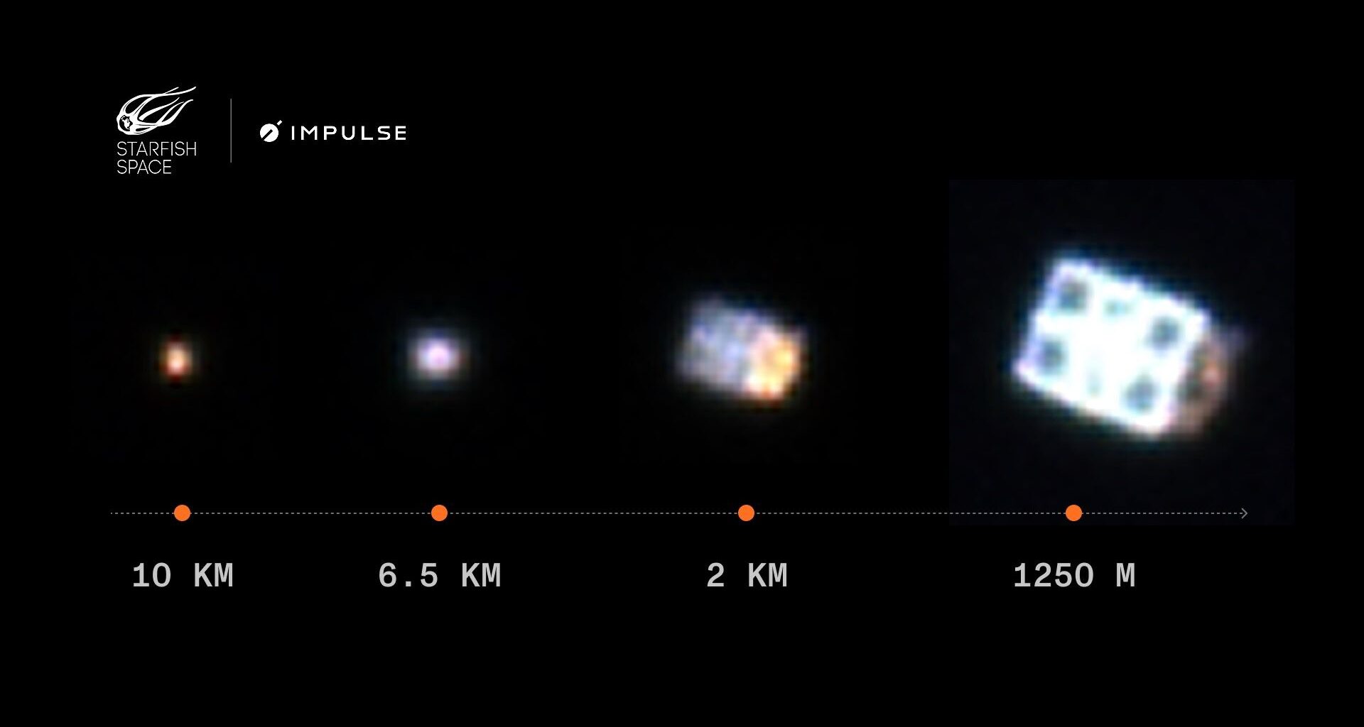 four photos of a satellite in space, showing it get progressively bigger and more resolved