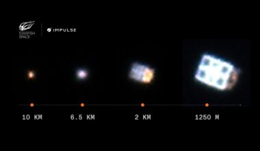 four photos of a satellite in space, showing it get progressively bigger and more resolved