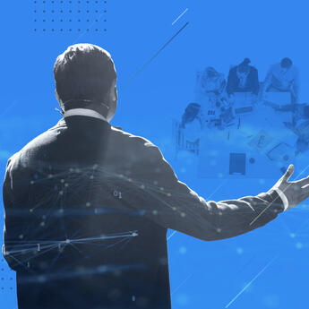 Digital imagery juxtaposed with business leader and employees