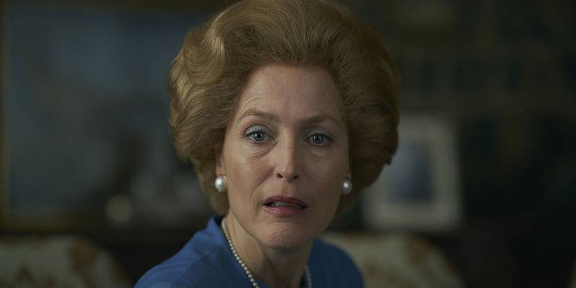 Gillian Anderson as Margaret Thatcher looking stressed in the direction of the camera in The Crown.