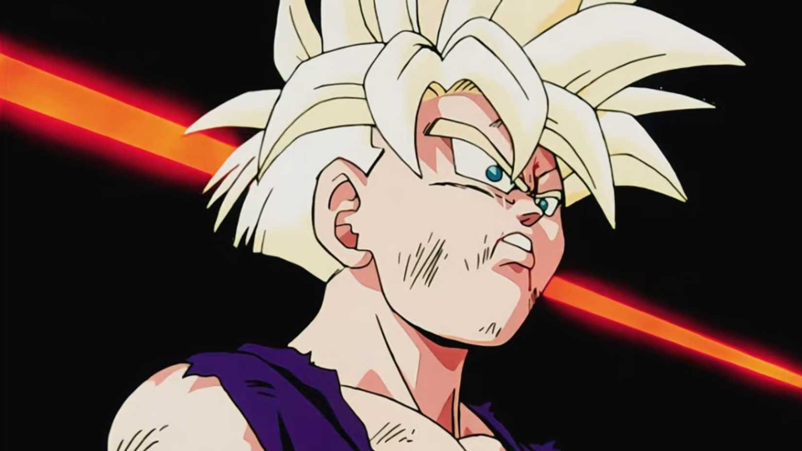 Gohan with a red line in the background during his transformation into Super Saiyan 2 in Dragon Ball Z.