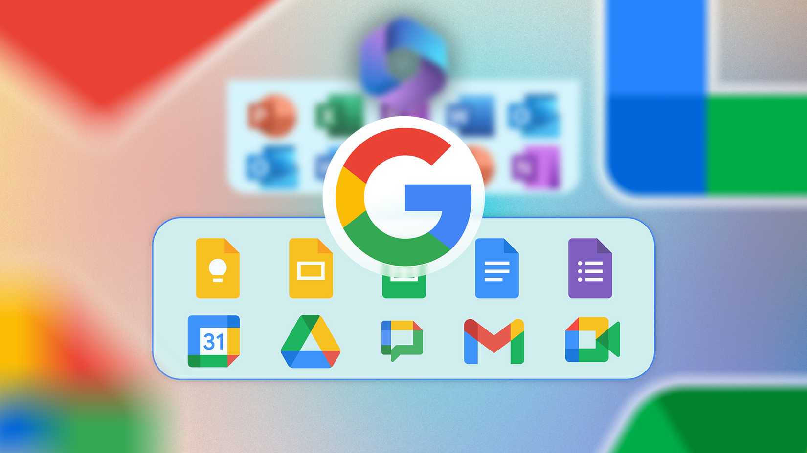Google logo with the logos of some Google Workspace apps below and some Microsoft 365 apps blurred in the background. (1)