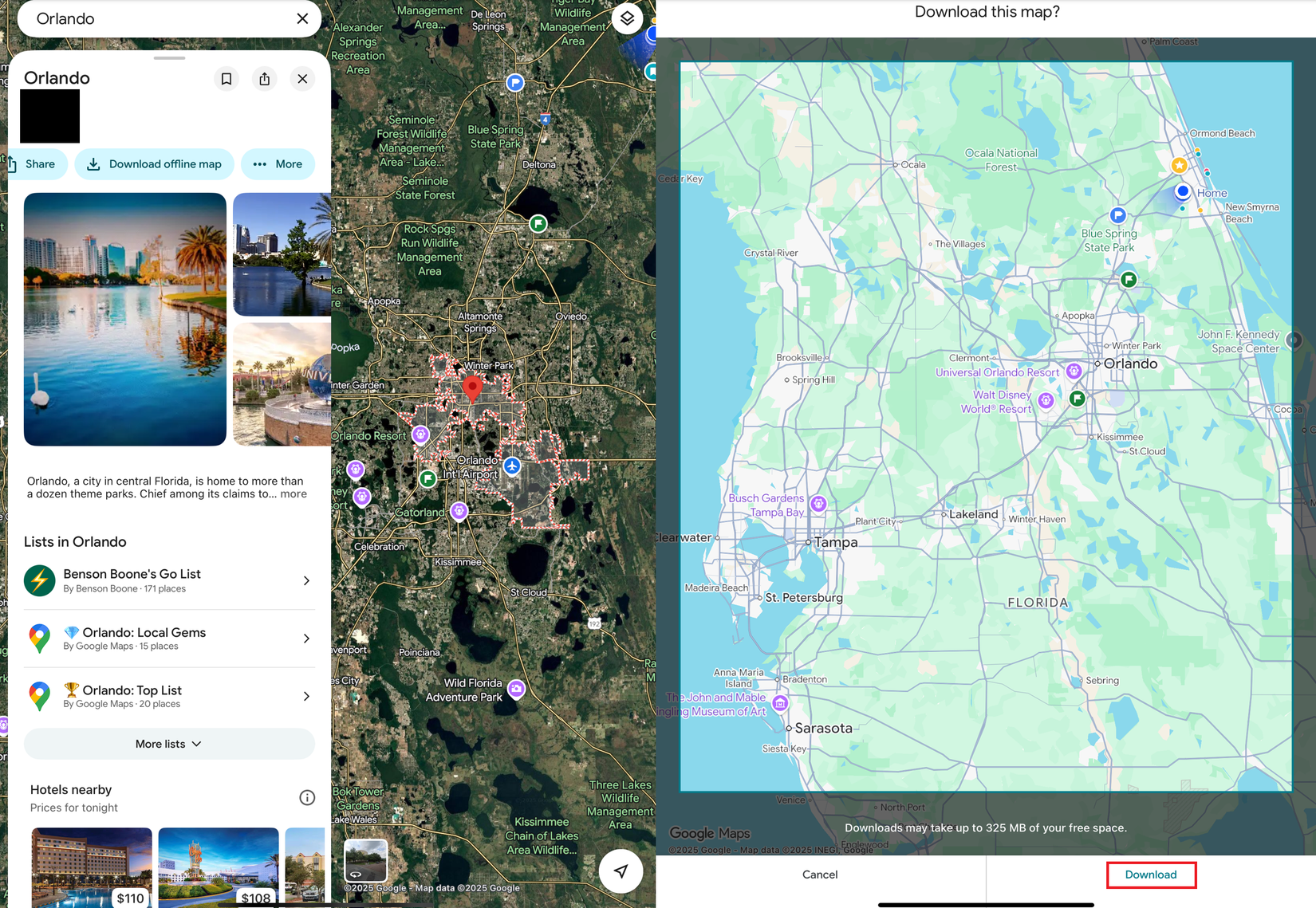 two screenshots side-by-side showing how to use Google Maps Offline Maps feature.