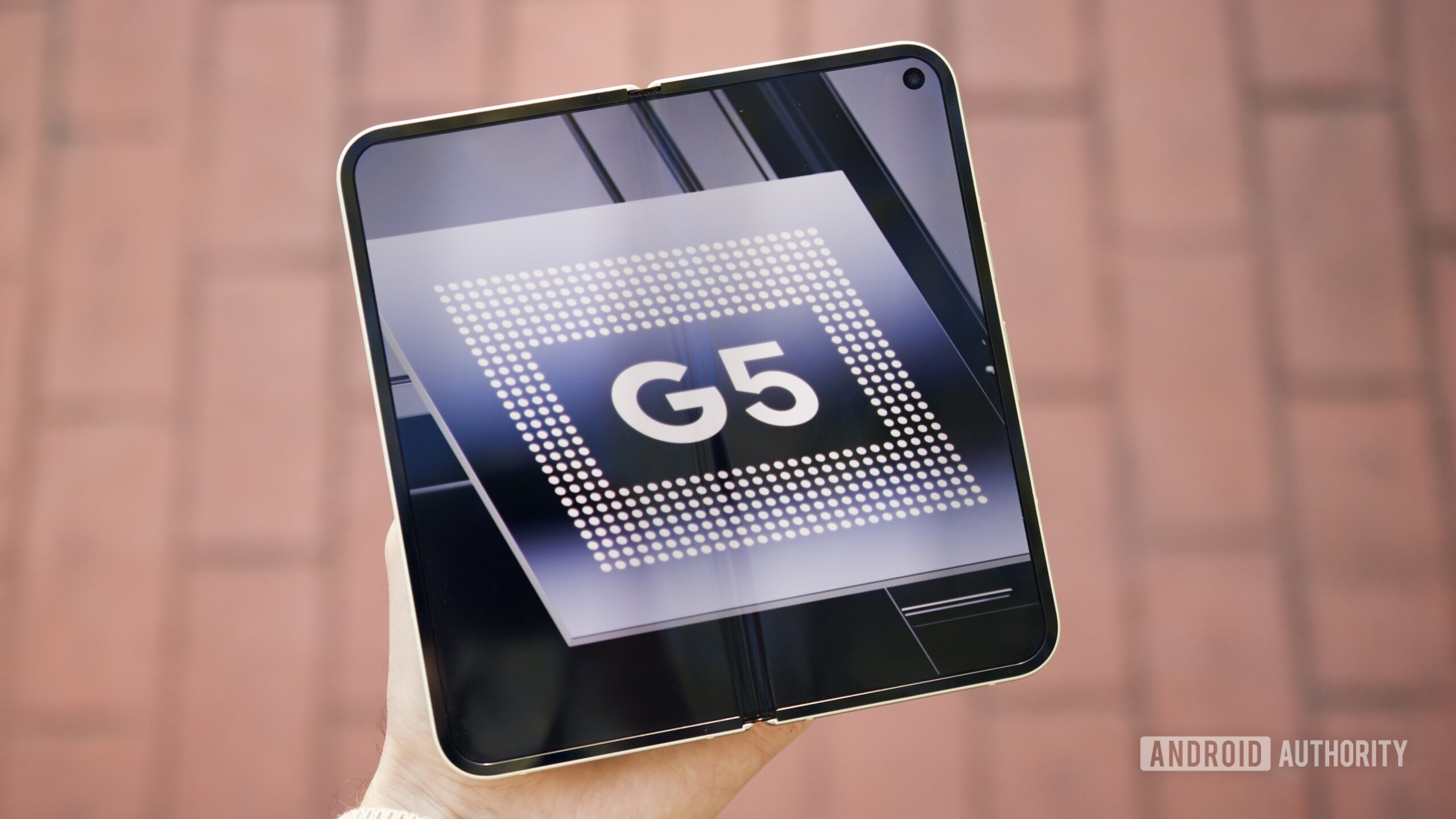 Tensor G5 logo displayed on the Google Pixel 10 Pro Fold's inner display.
