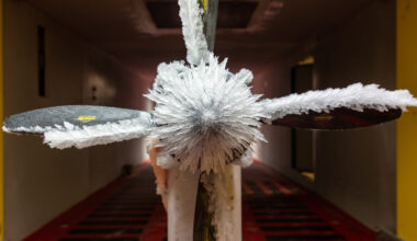 An up-close view of ice that covers propeller blades inside the Icing Research Tunnel.