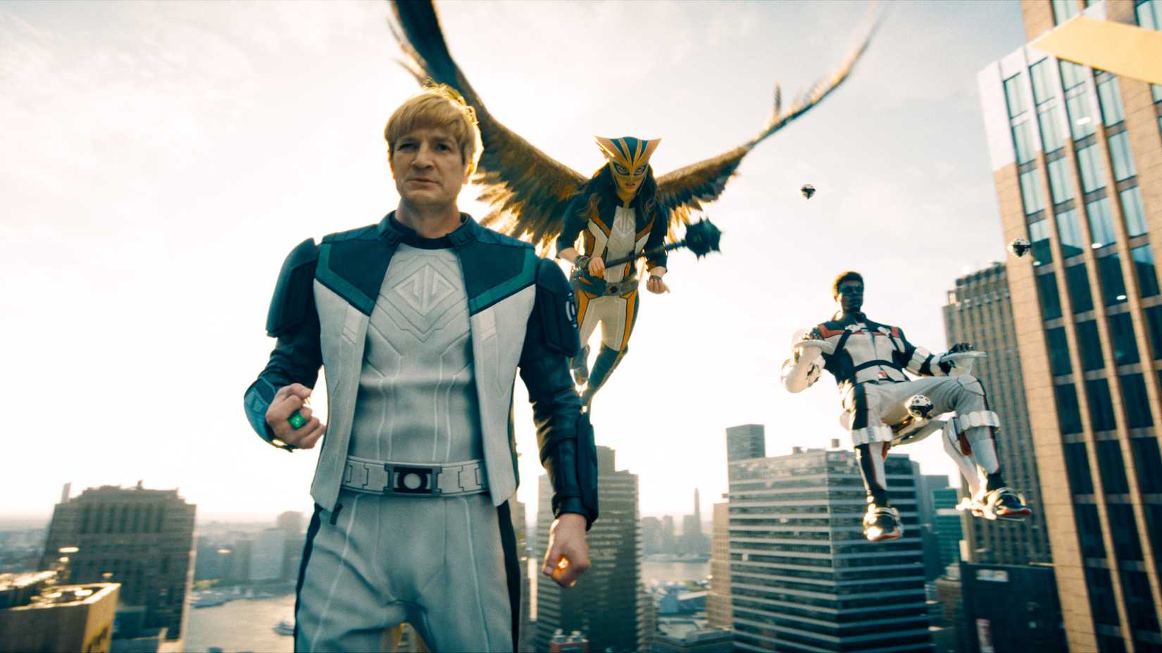 Green Lantern Hawkgirl and Mister Terrific preparing to fight in Superman in 4K