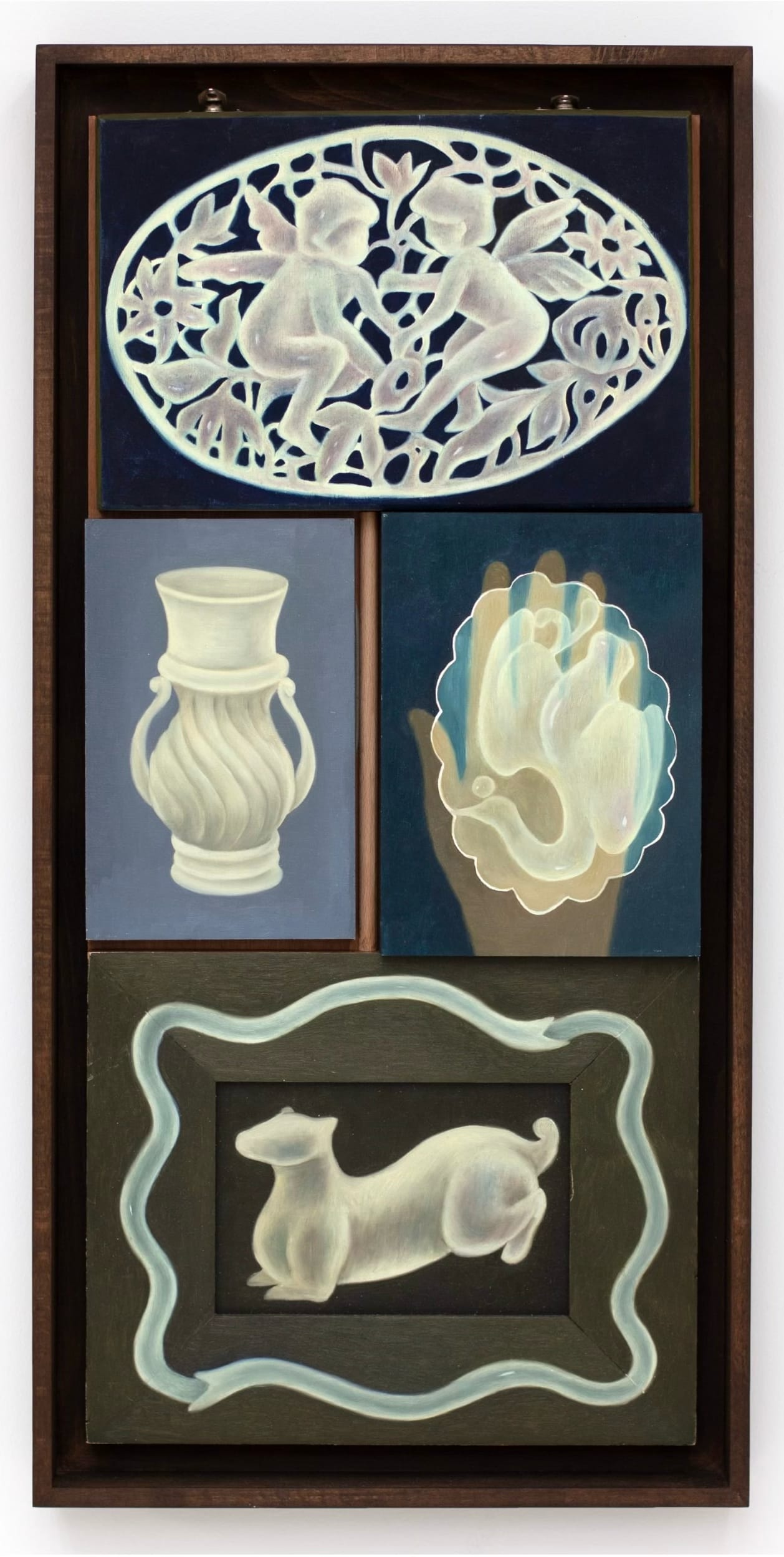 a collection of four paintings featuring various objects in a wooden box by Shuo Hao