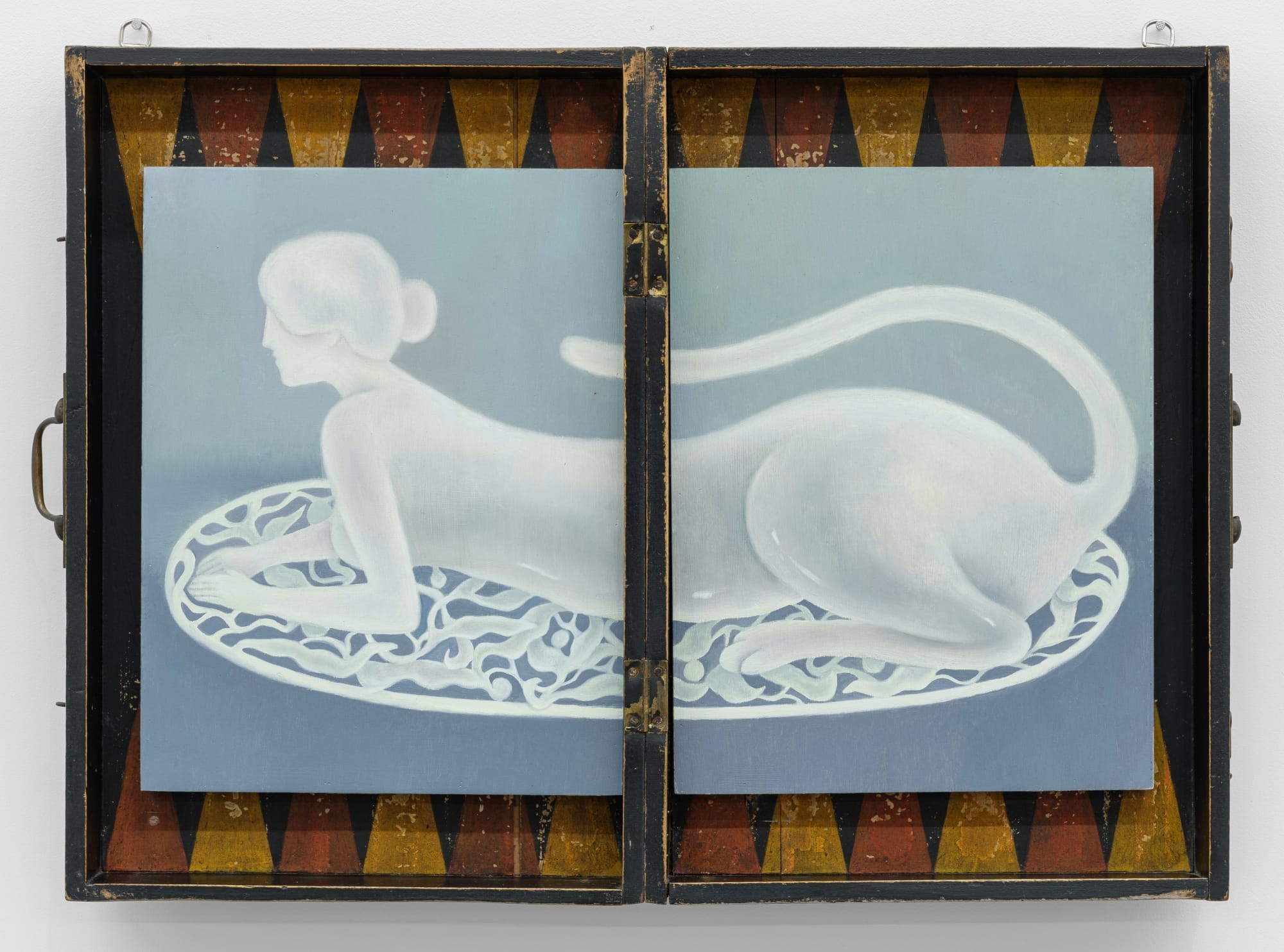 a painting of a cat woman hybrid seated on a lace doily by Shuo Hao on a wooden case