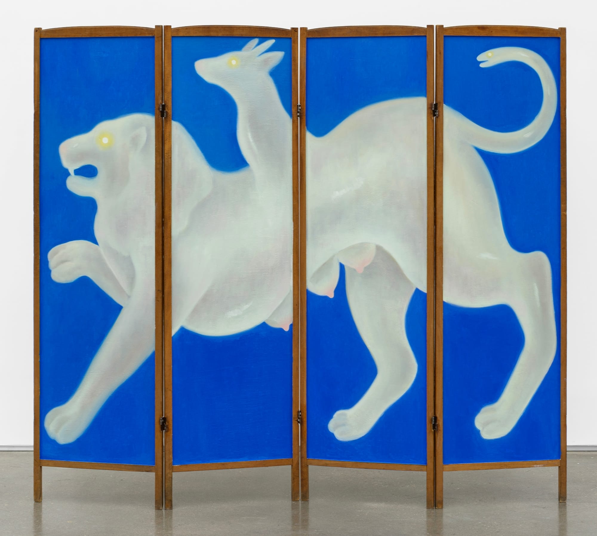 a wooden screen with painted panels featuring a lion, deer, and snake hybrid on a blue background by Shuo Hao
