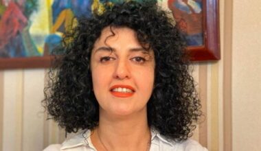 Narges Mohammadi poses indoors, wearing a white shirt, with curly hair and a colorful painting in the background.