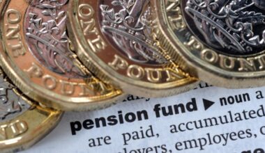 Several British one-pound coins resting on a dictionary page showing the definition of ‘pension fund’.