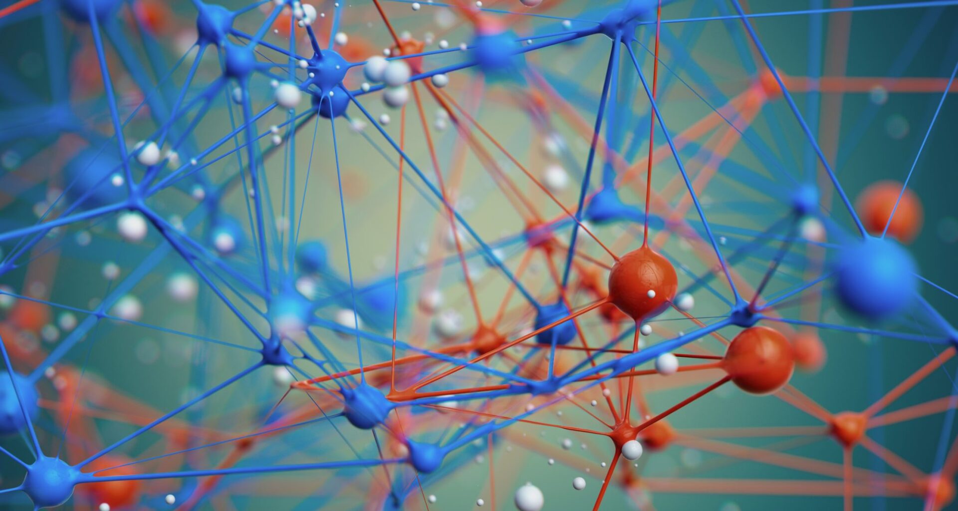A vivid abstract composition featuring blue and red nodes connected by slender lines, resembling a molecular network or digital lattice. The image conveys science, technology, and interconnected systems in a futuristic setting.