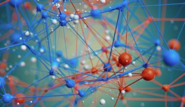 A vivid abstract composition featuring blue and red nodes connected by slender lines, resembling a molecular network or digital lattice. The image conveys science, technology, and interconnected systems in a futuristic setting.