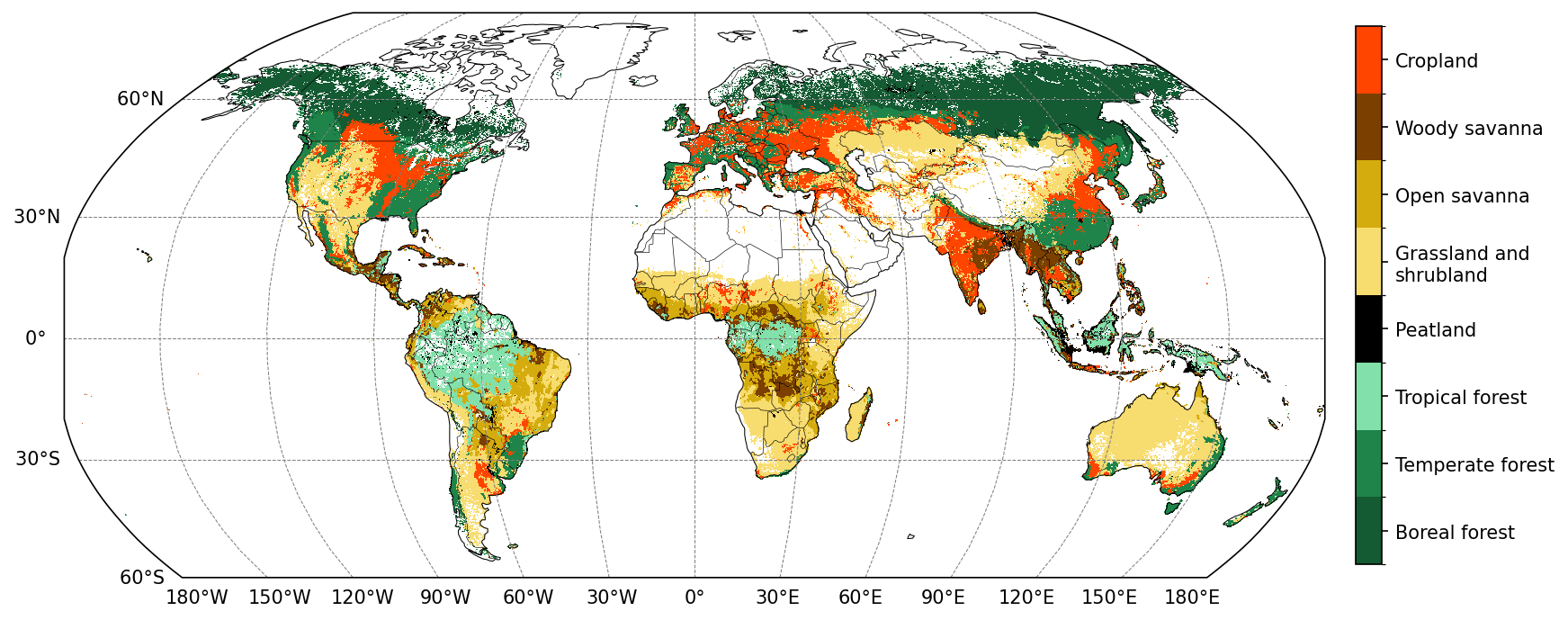 This map shows dominant fire type around the world, based on total carbon emissions. Cropland fires are in red, woody savannah in brown, open savannah in dark yellow, grassland and shrubland in light yellow, peatland in black, tropical forest in aquamarine, temperature forest in mid-green and boreal forest in dark green.