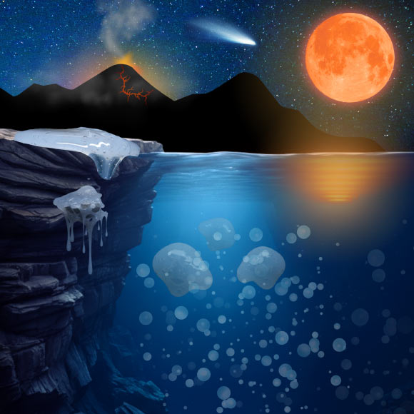 An artist’s impression of a prebiotic gel on the Early Earth’s surface. Image credit: Nirmell Satthiyasilan.