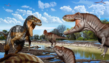 A Late Cretaceous face-off between an adult Nanotyrannus lancensis (left) and two juvenile Tyrannosaurus rex, with a sub-adult Tyrannosaurus rex watching from a distance. Image credit: Jorge Gonzalez.