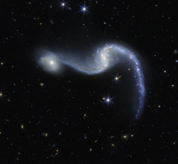 This Euclid image shows the barred spiral galaxy NGC 646 and the smaller, faint and round galaxy NGC 646b. Image credit: ESA / Euclid /Euclid Consortium / NASA / M. Schirmer, MPIA / CC BY-SA 3.0 IGO.