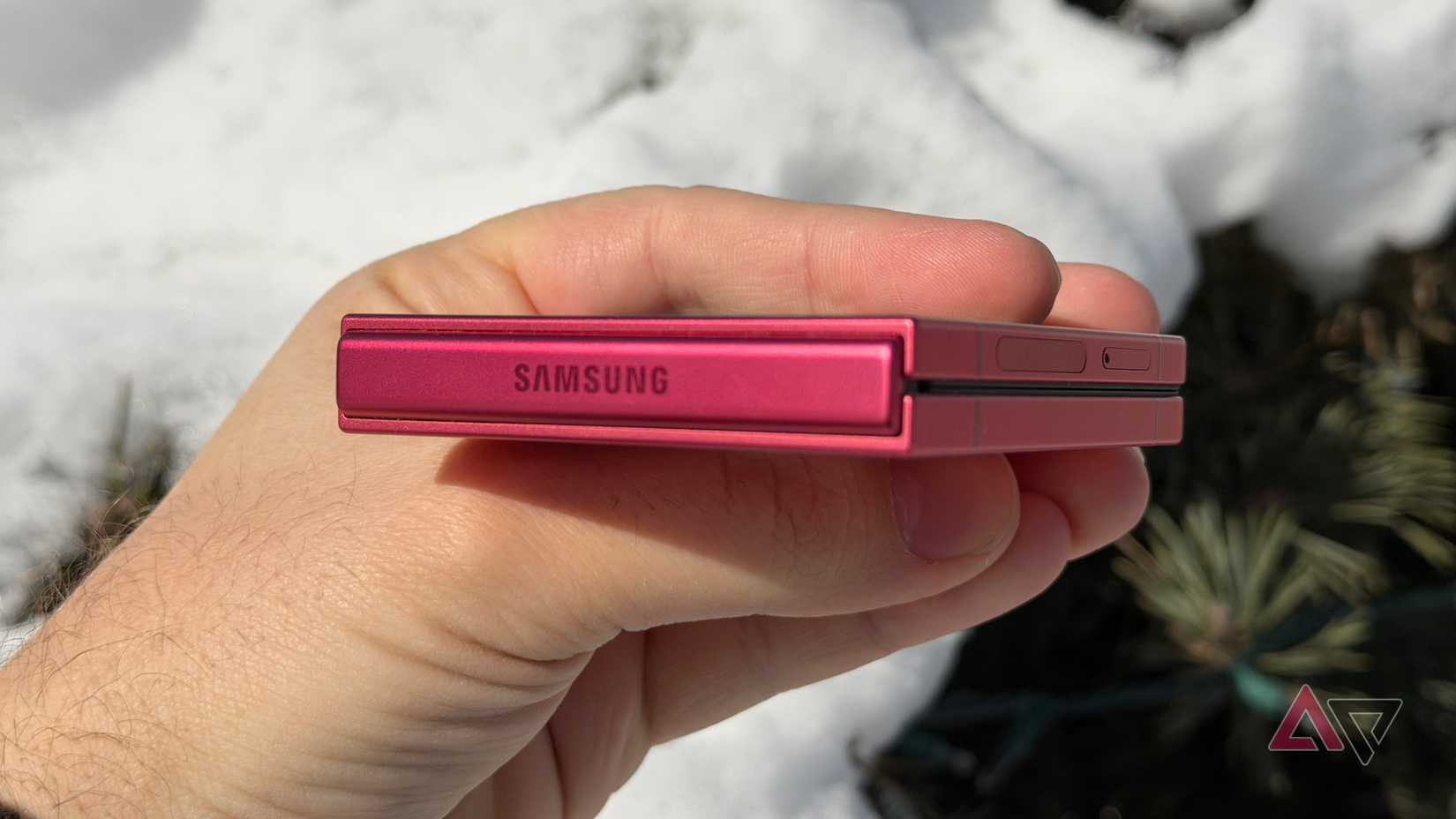 Galaxy Z Flip 7 hinge displayed against snow