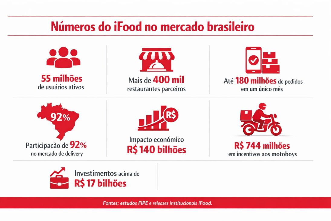 Infographic with iFood's numbers in the Brazilian market showing order volume, market share, economic impact, and investments.