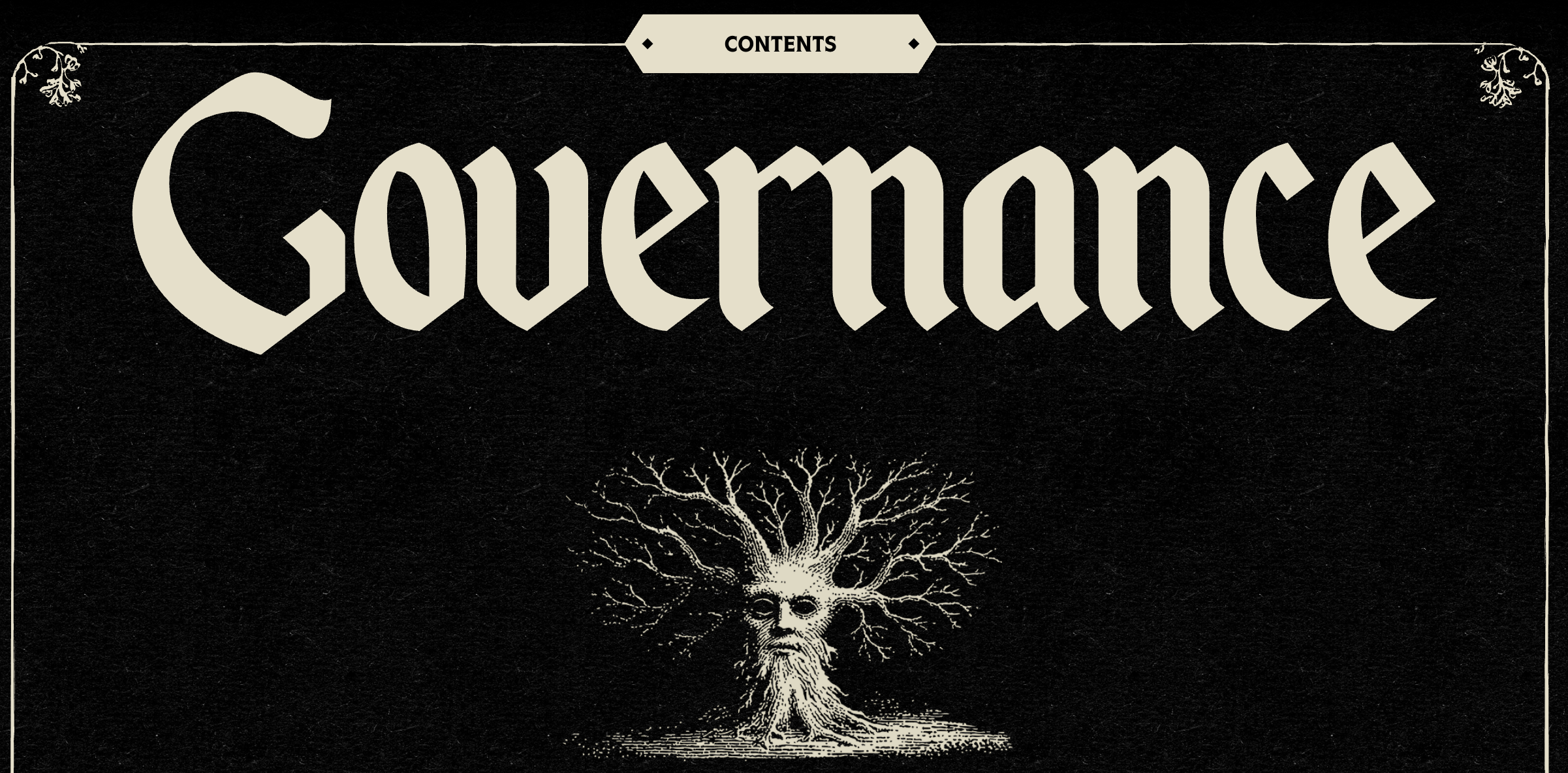The word "Governance" is displayed in a bold, gothic typeface above a detailed black-and-white etching of a mystical tree with a human face.