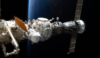 The Soyuz MS-27 spacecraft, which launched three Expedition 73 crew members to the International Space Station, is pictured docked to the Prichal module. Prichal is itself connected to the Nauka science module on the station’s Roscosmos segment. Below, the Pacific Ocean fades from view as an orbital sunset descends 258 miles beneath the orbiting complex.