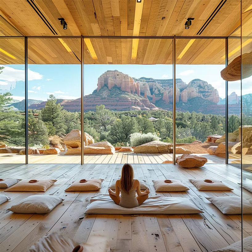 recycled wood clads wellness retreat’s meditation pavilions in arizona
