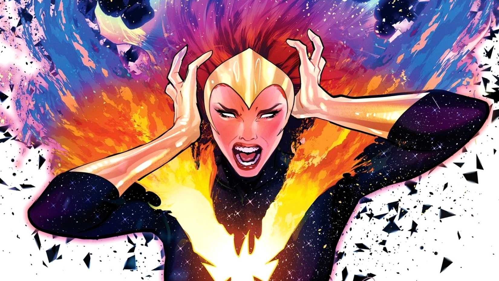 Jean Grey screams and grabs her head possessed by the Phoenix Force in X-Men comic cover