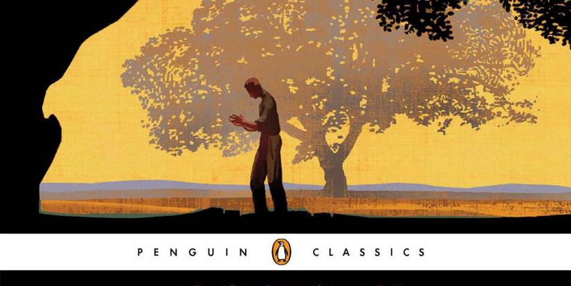 East of Eden's book cover shows a man walk in front of a tree
