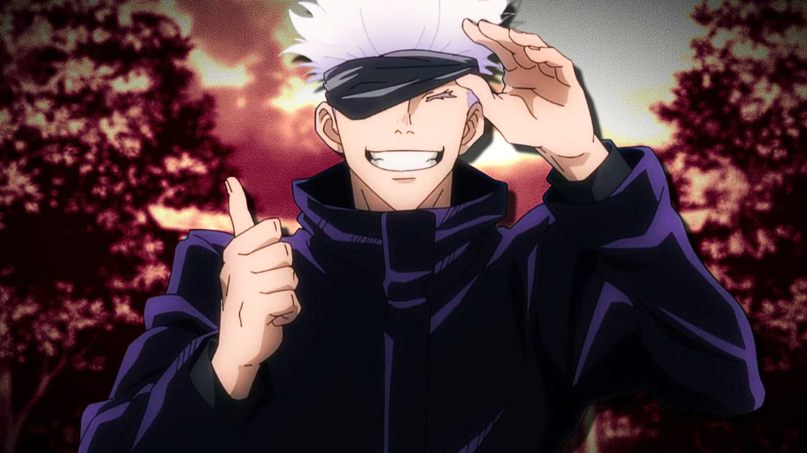 Jujutsu Kaisen's Gojo smiling and giving a thumbs up as he lifts his mask a little.