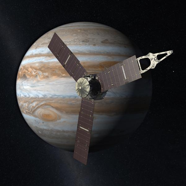 Artist's conception of a satellite in front of Jupiter.