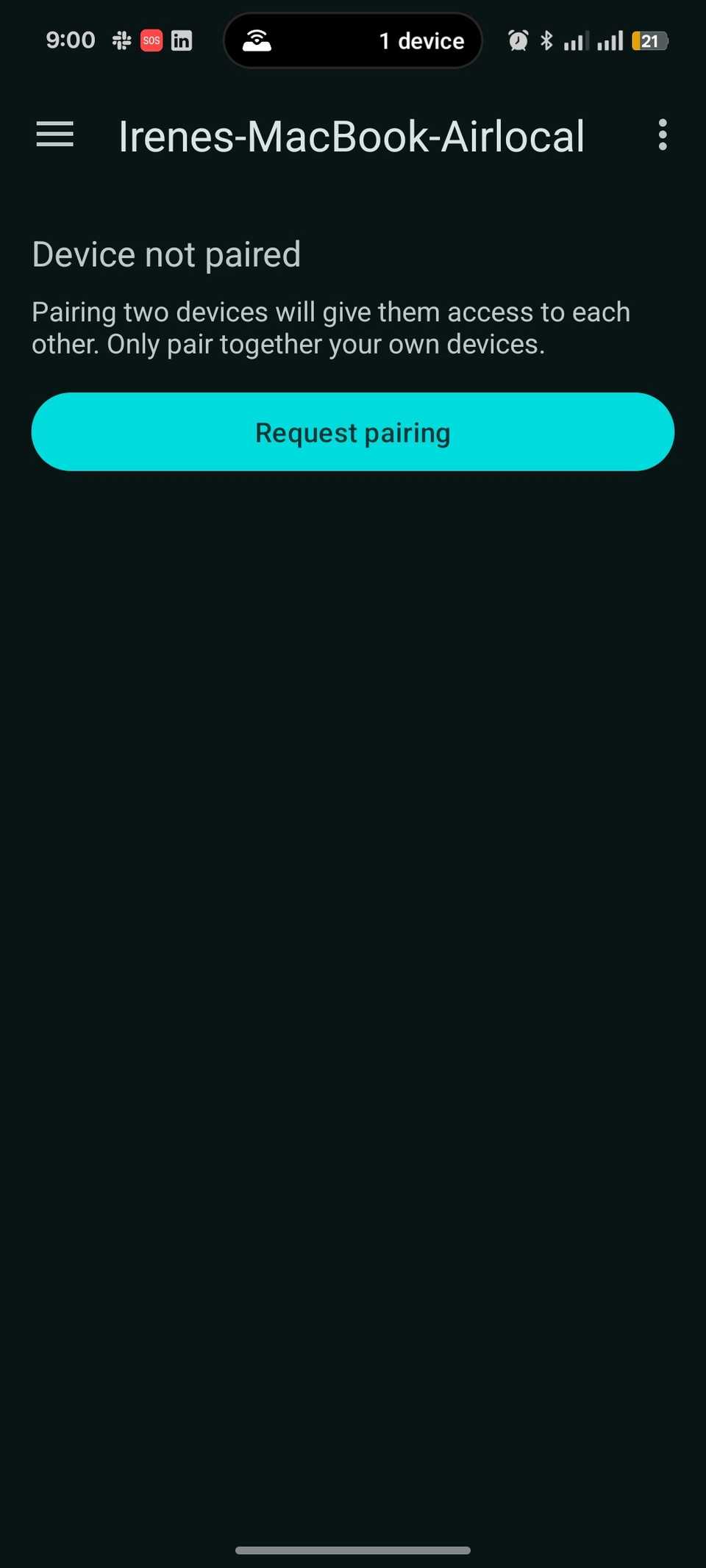 Menu prompting user to request pairing with detected MacBook on KDE Connect Android app