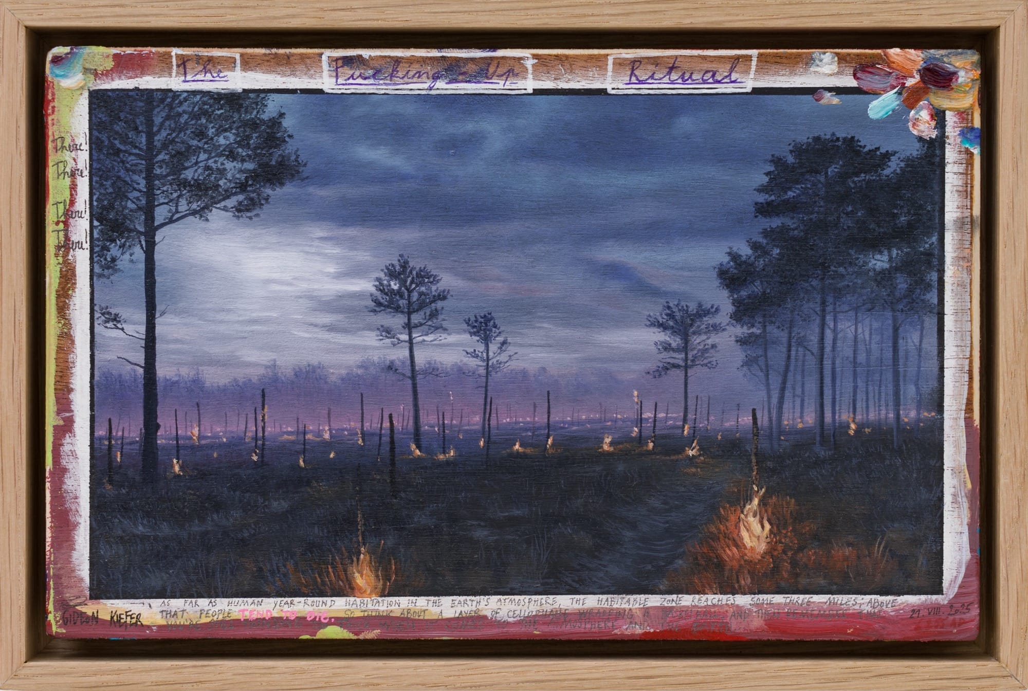 A framed painting by Gideon Kiefer of a field with a few trees and a number of small fires, with some notations and color swatches around the edges