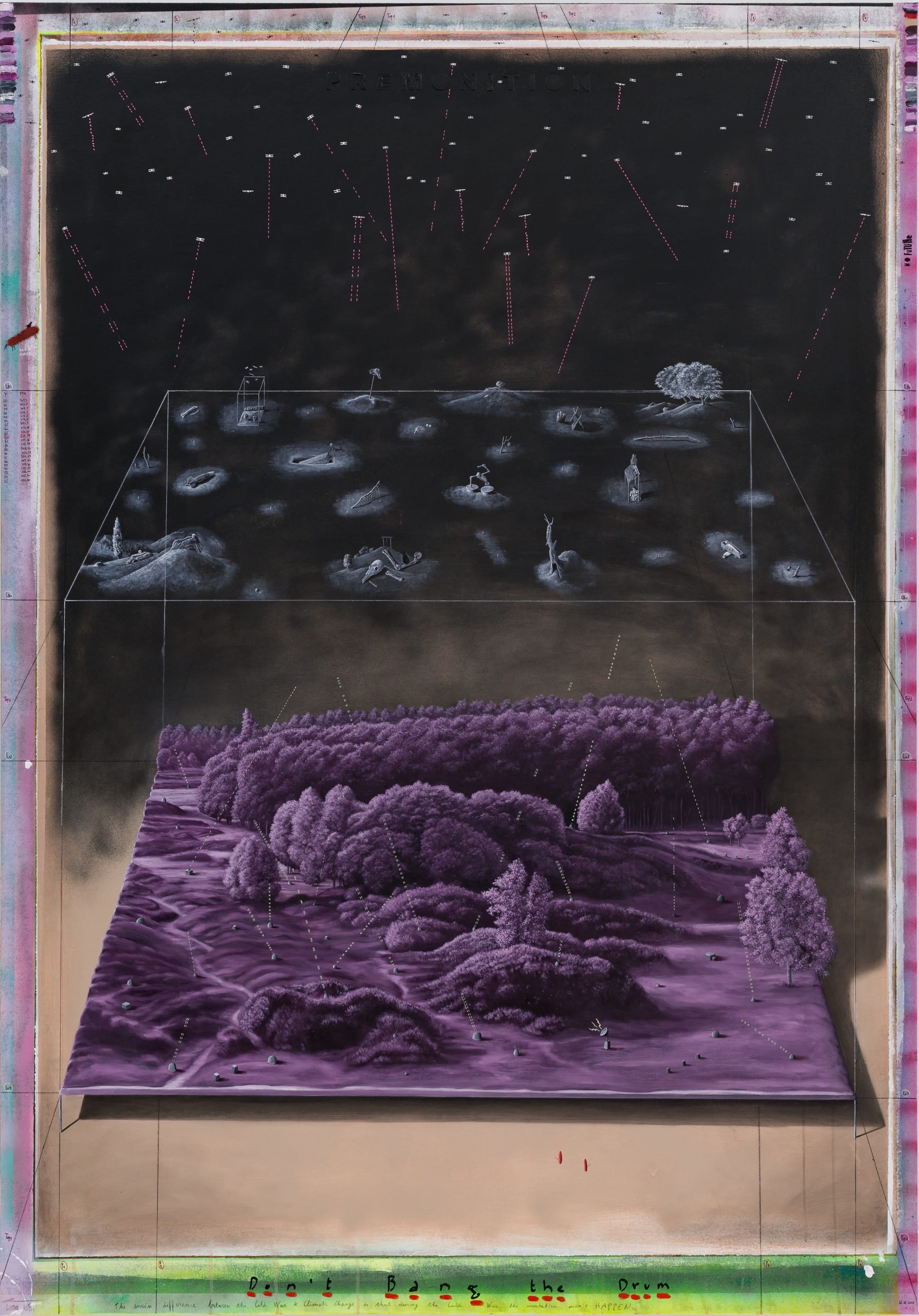 A painting by Gideon Kiefer of a square-shaped purple landscape swatch with esoteric symbols in the space above it, with some notations and color swatches around the edges