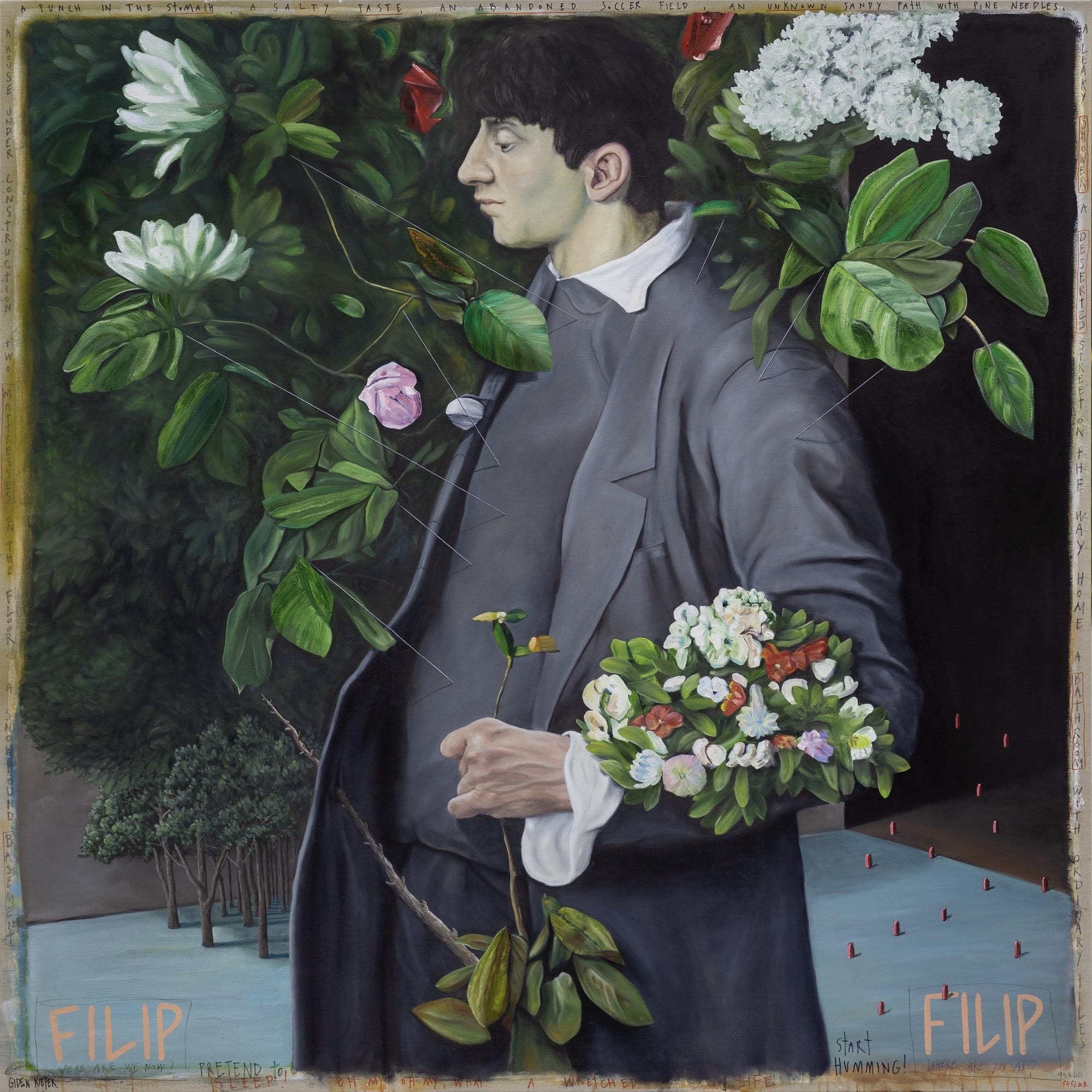 A painting by Gideon Kiefer of a male figure surrounded by flowers, with some notations and color swatches around the edges