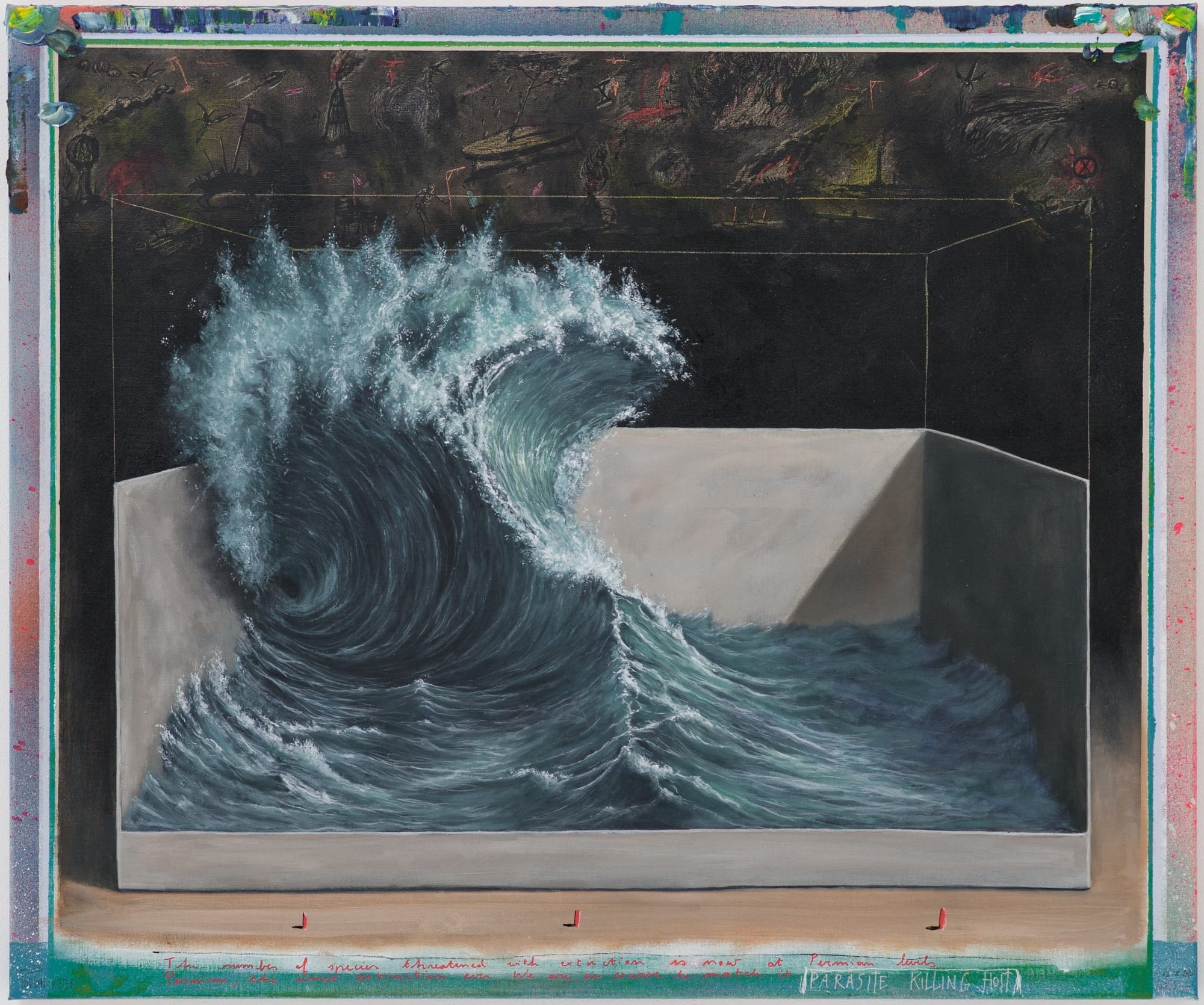 A painting by Gideon Kiefer of a wave in a box with some notations and color swatches around the edges