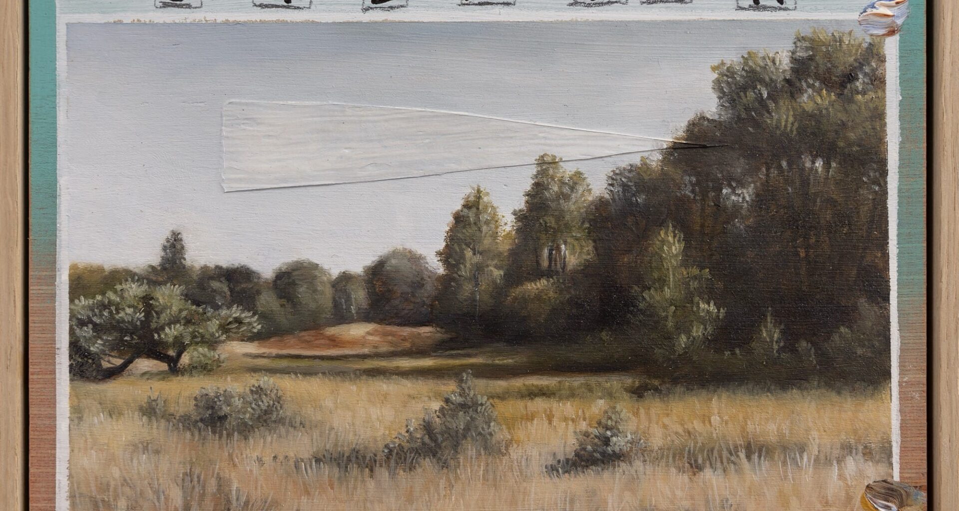 A framed painting by Gideon Kiefer of a countryside landscape with a collaged, triangular piece of paper blending into the sky and the word "STEALTH" on the top, with some notations and color swatches around the edges