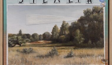 A framed painting by Gideon Kiefer of a countryside landscape with a collaged, triangular piece of paper blending into the sky and the word "STEALTH" on the top, with some notations and color swatches around the edges