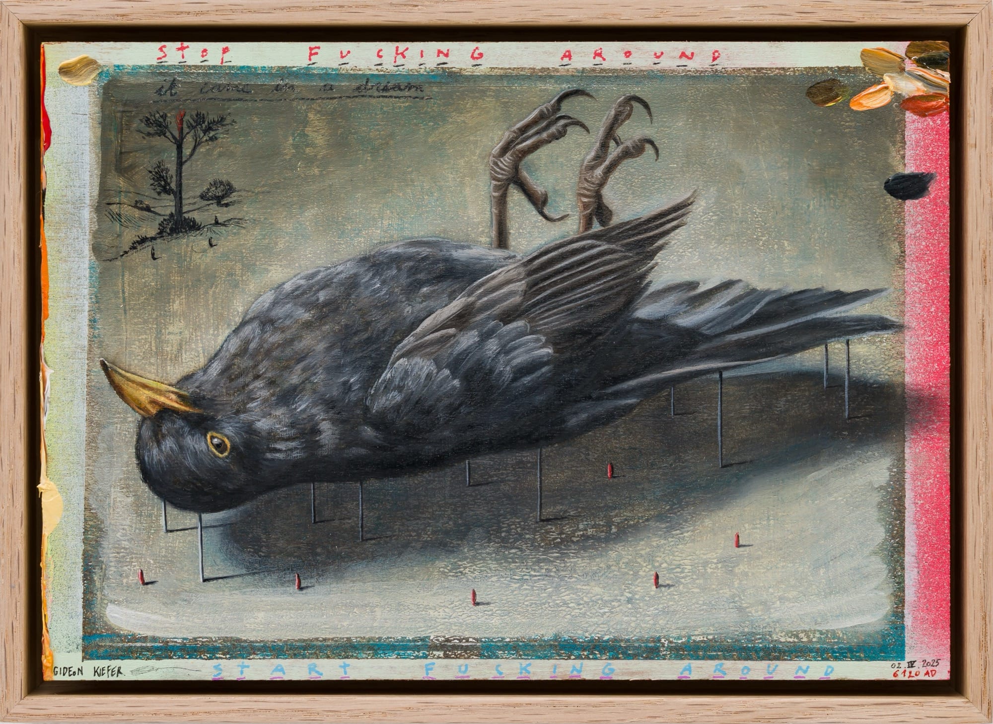 A framed painting by Gideon Kiefer of a dead crow upside-down on a series of pins, with some notations and color swatches around the edges