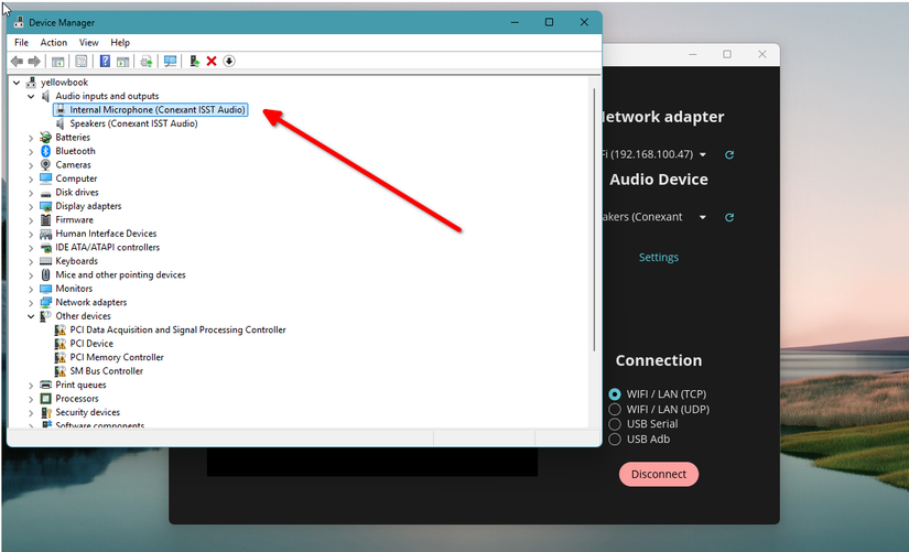 Disabling the internal mic using Windows Device Manager.