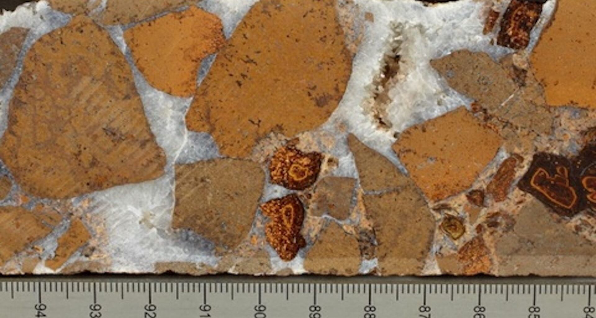 Image of brownish orange rocks (lava breccia) encased in white rock (calcium carbonate).