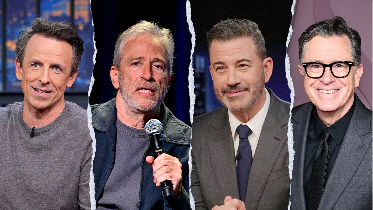 Late-night comedy show hosts Seth Meyers, Jon Stewart, Jimmy Kimmel and Stephen Colbert