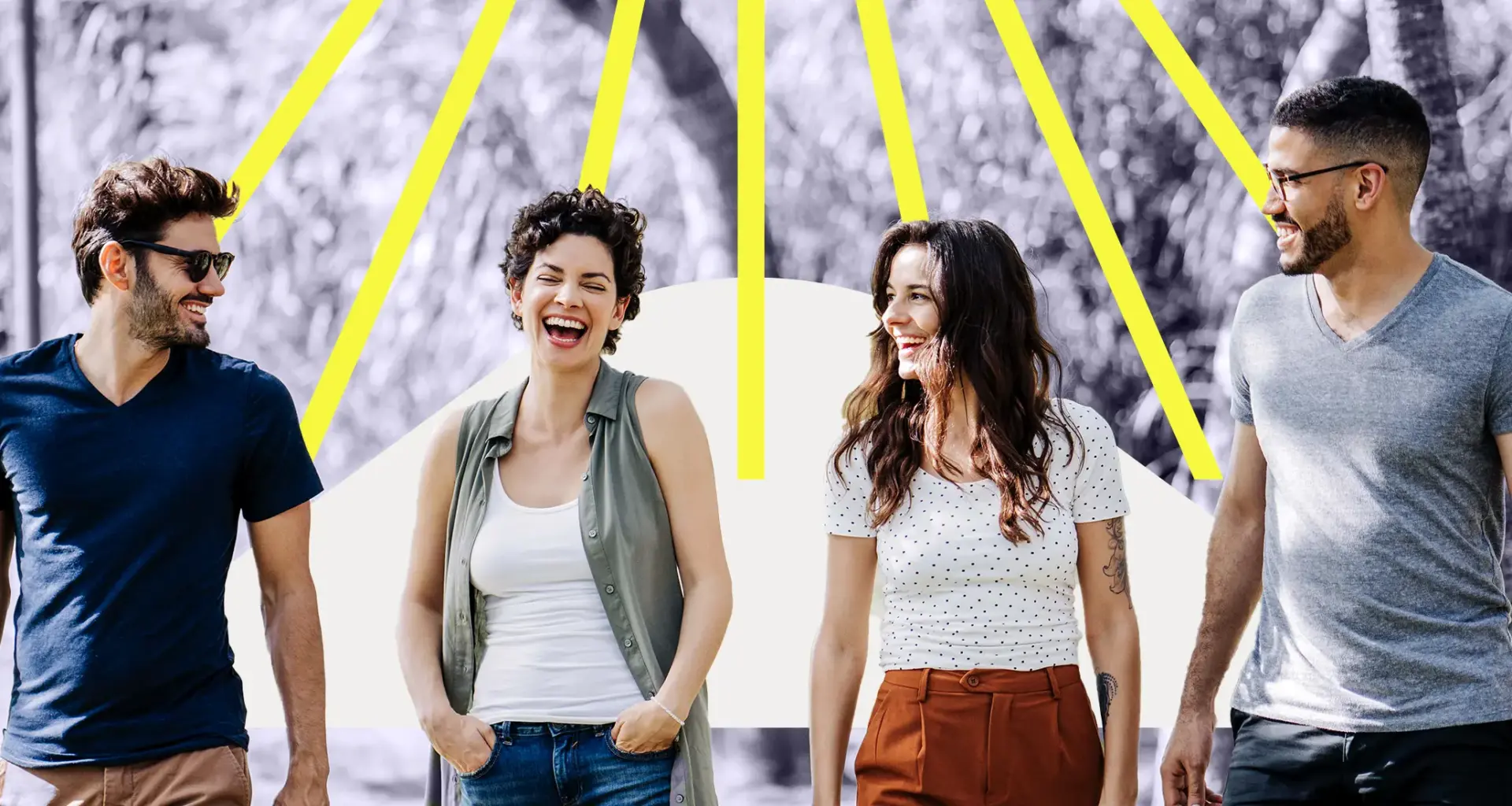 Group of men and women on a hike laughing