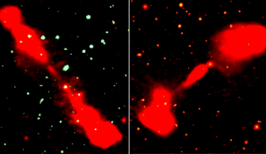 Two examples of the newly discovered giant radio quasars, each spanning millions of light years.