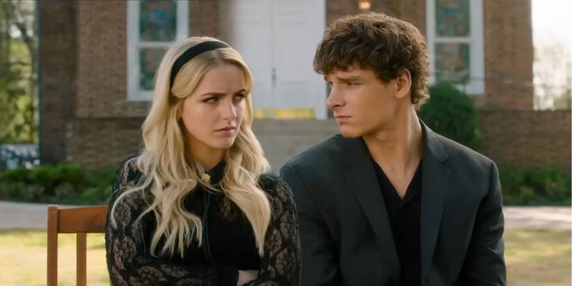 McKenna Grace sitting next to Mason Thames on a bench outside church in 'Regretting You'.