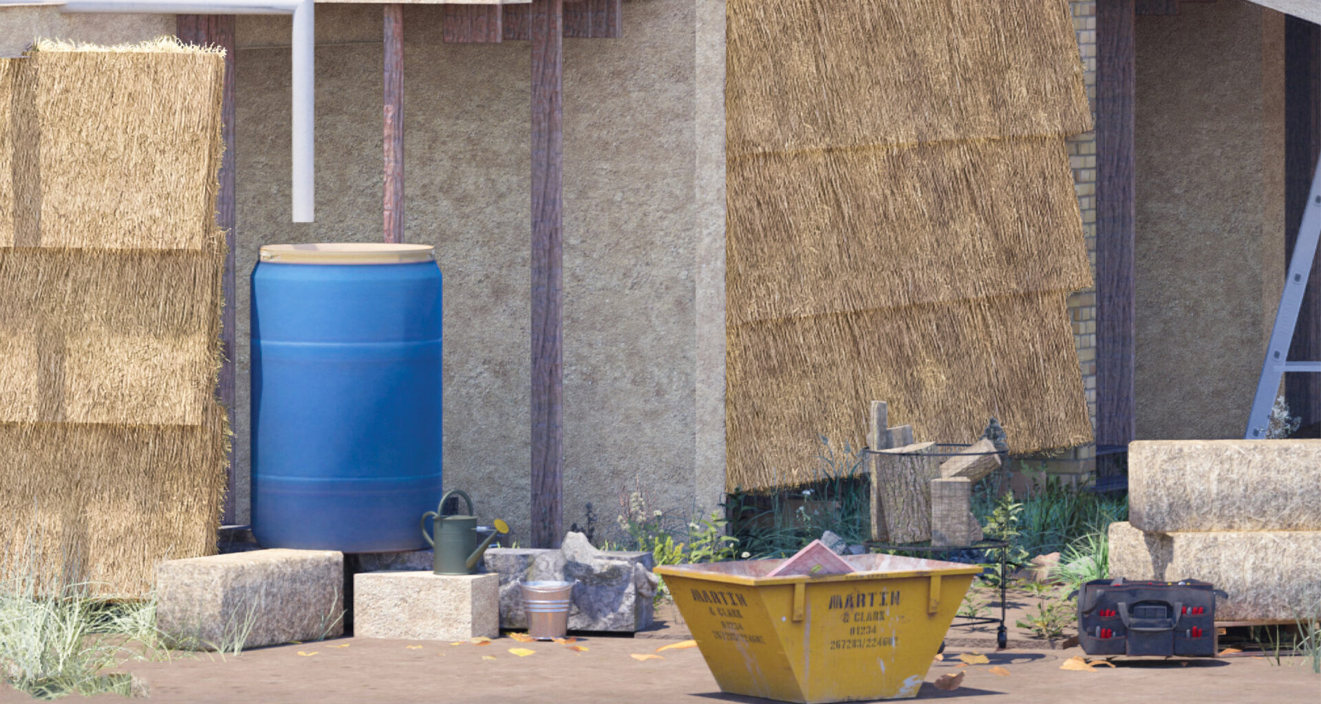 a visualisation of a building with straw walls