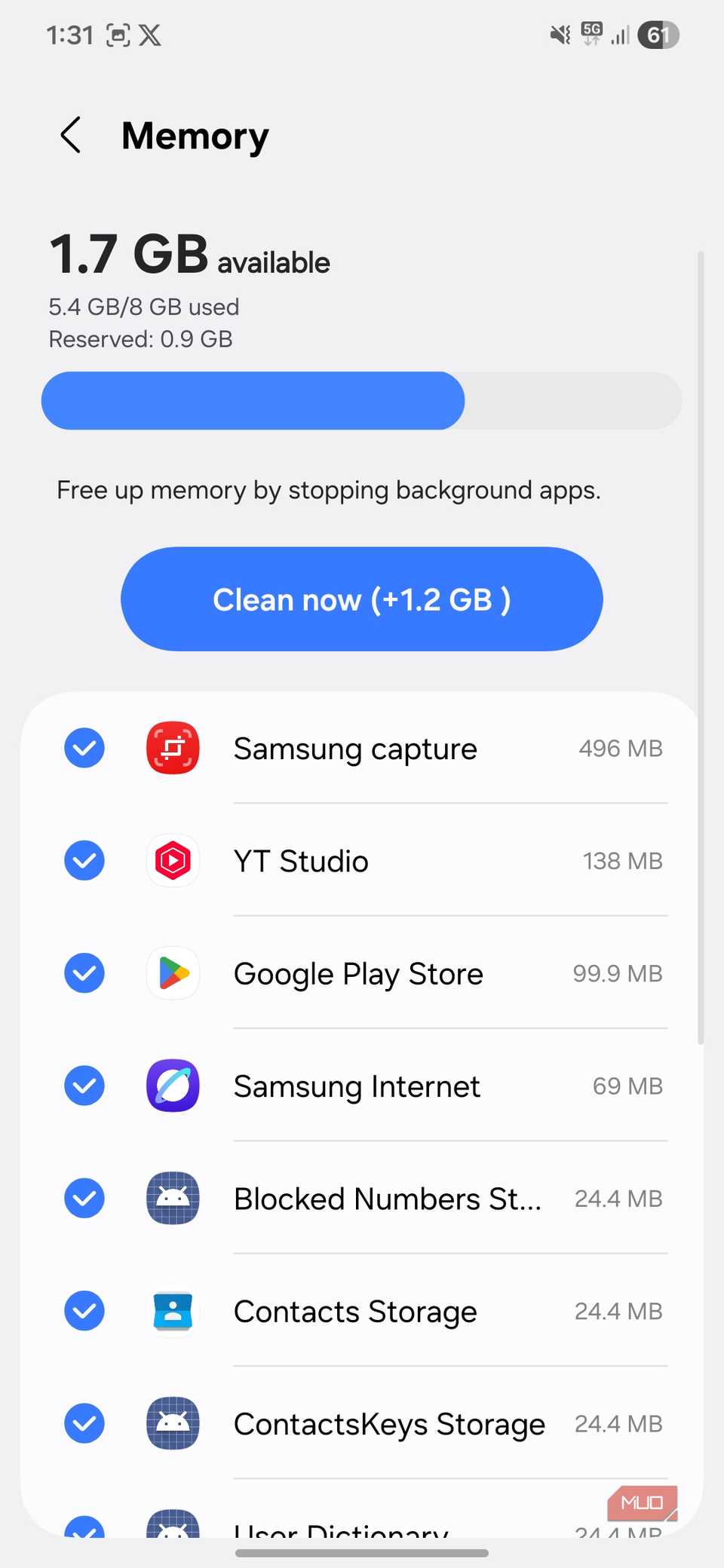 Memory usage menu on Android phone