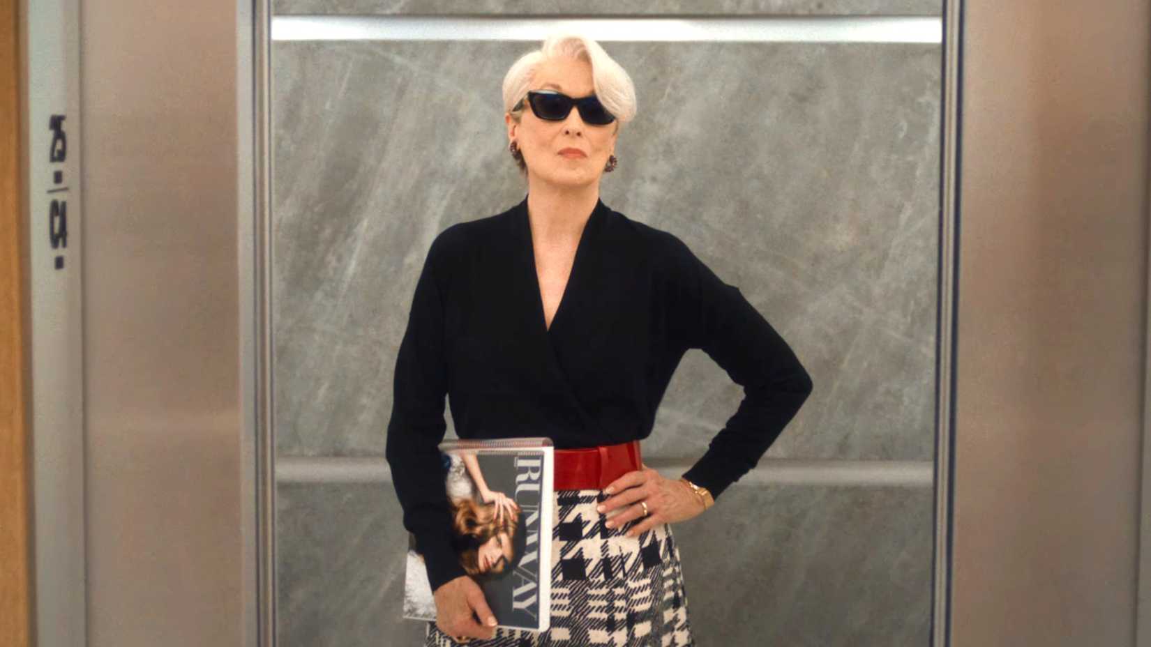 Miranda Priestley posing in the elevator in Devil Wears Prada 2