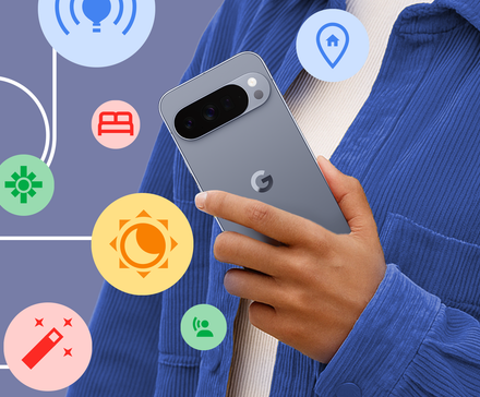 Person holding a Google Pixel smartphone, surrounded by colorful icons representing automation features like location, home, sleep, and routines