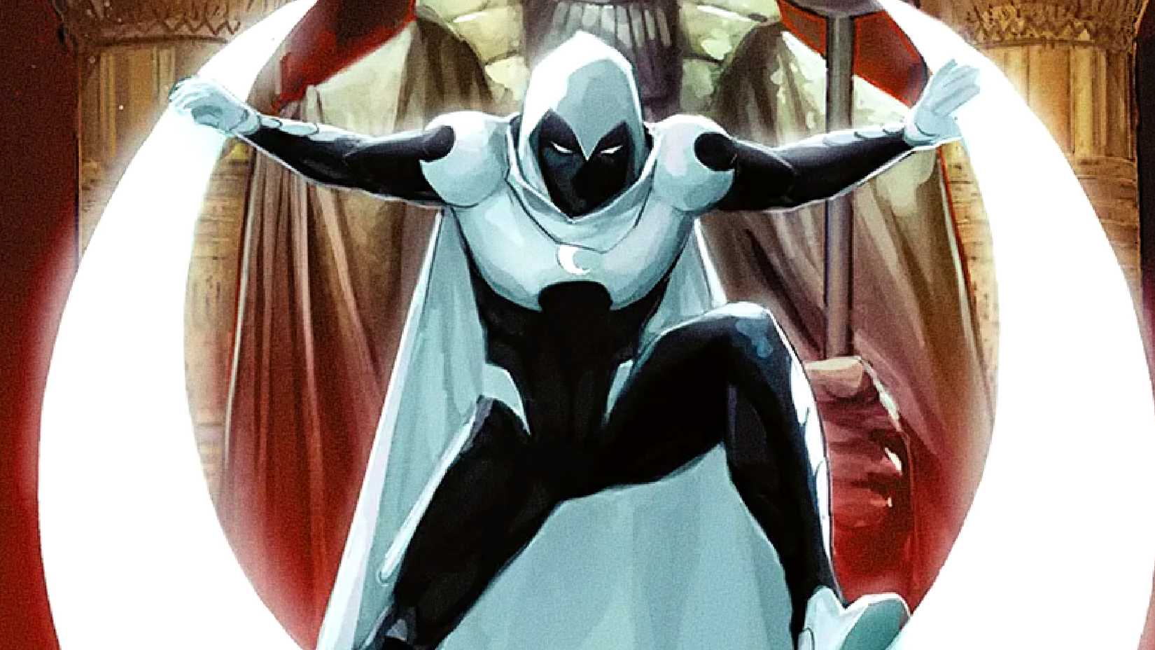 Moon Knight holds onto a half-moon symbol in front of Khonshu in City of the Dead cover